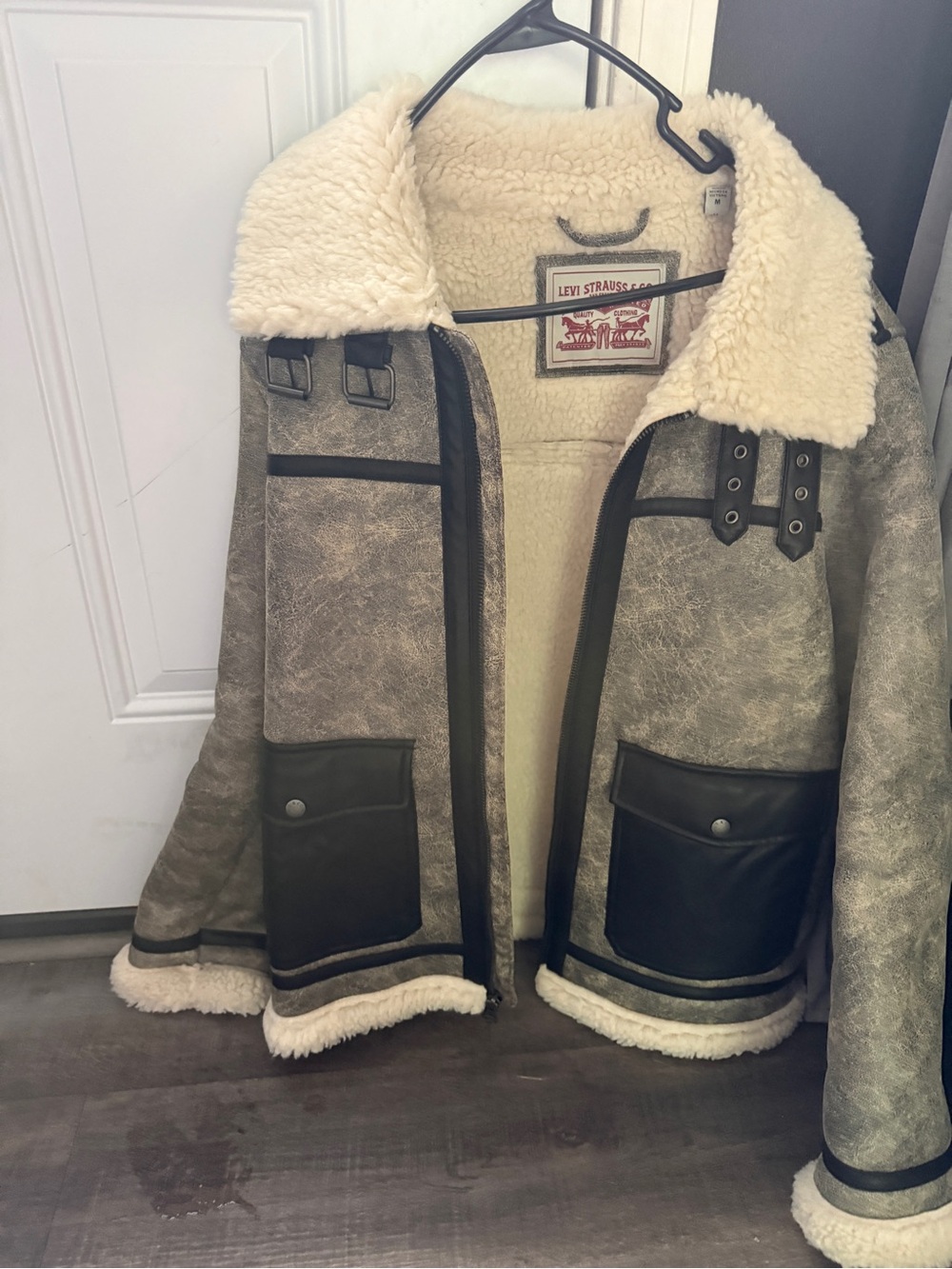 Levi Strauss Faux-Leather Aviator Jacket with Cream Sherpa Collar
